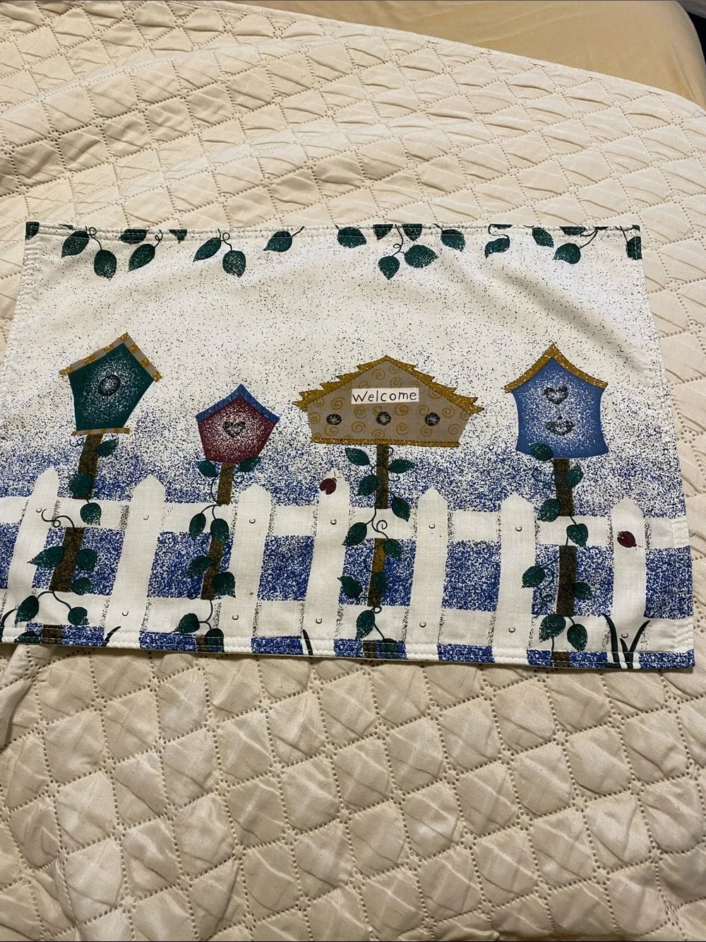 Vintage (Set of 4) Linen Placemats - Bird Houses/Fence/Vines Design